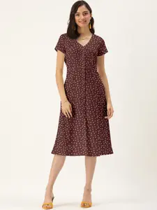 DressBerry Women Maroon & White Polka Dot Knee Length Dress