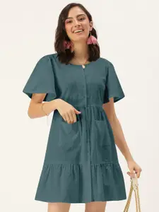 DressBerry Women Teal Solid Flared Sleeve A-Line Dress