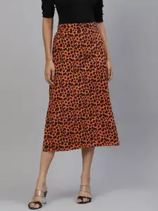 plusS Women Orange & Black Animal Printed A-Line Midi Skirt