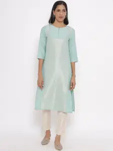 W Women Sea Green Jacquard Kurta with Embroidered Yoke