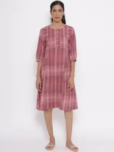 W Women Pink Checked Cotton A-Line Dress