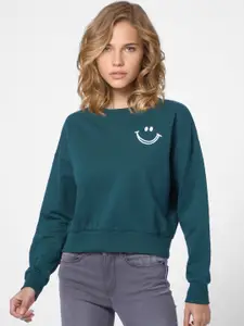 ONLY Women Teal Green Cotton Sweatshirt