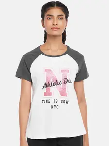 Ajile by Pantaloons Women White & Grey Typography Printed T-shirt
