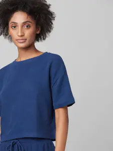 ONLY Women Blue Solid Cotton Crop T-shirt