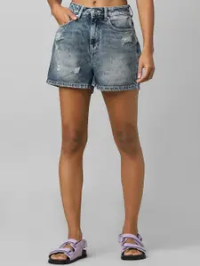 ONLY Women Blue Washed Slim Fit High-Rise Denim Shorts