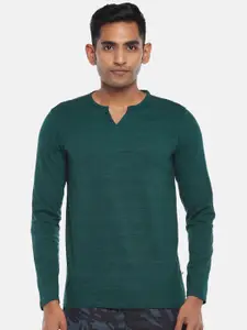 Urban Ranger by pantaloons Men Green V-Neck Raw Edge Slim Fit T-shirt