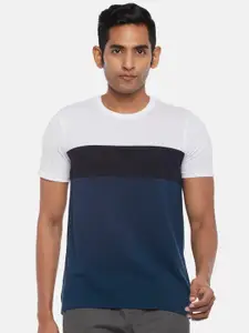 Urban Ranger by pantaloons Men White & Blue Colourblocked Cotton Slim Fit T-shirt