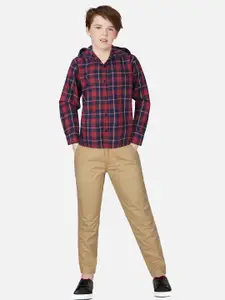 Gini and Jony Boys Red Regular Fit Tartan Checks Hooded Casual Shirt