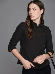 Kenneth Cole Women Black Solid Casual Shirt With Lace Detail