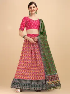 Fab Dadu Pink & Yellow Printed Semi-Stitched Lehenga & Unstitched Blouse With Dupatta