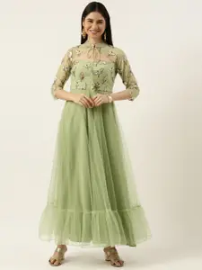 Ethnovog Green Embellished Maxi Ethnic Padded Dress