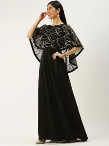 Ethnovog Black Embellished Satin Ethnic Made To Measure Ethnic Dress with Cape