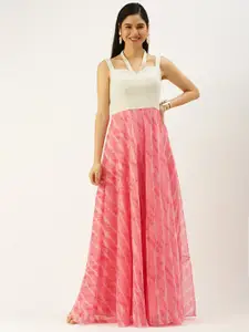 Ethnovog Pink  White Colourblocked Embroidered Ethnic Made To Measure Maxi Dress