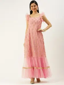Ethnovog Pink Embroidered Ethnic Made To Measure Maxi Dress