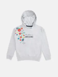 Pantaloons Junior Girls Grey Melange Printed Hooded Sweatshirt