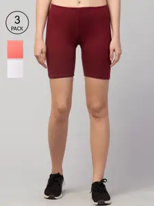 Apraa & Parma Pack Of 3 Women Maroon Slim Fit Pure Cotton Cycling Sports Shorts