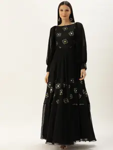 Ethnovog Women Black Embroidered Sequins Gown