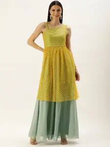 Ethnovog Women Mustard Yellow  Mint Green Embroidered Sequin Detail Gown