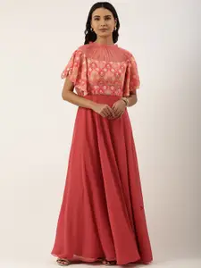 Ethnovog Pink Floral Embroidered Georgette Ethnic A-Line Maxi Dress