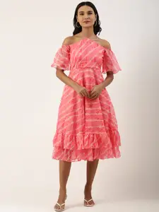 Ethnovog Pink  White Striped Halter Neck A-Line Midi Dress