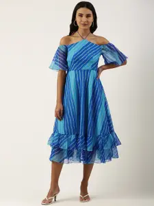 Ethnovog Blue Striped Halter Neck A-Line Midi Dress