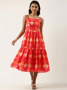 Ethnovog Pink  Off White Pure Cotton Tie-Up Neck Tiered Midi Dress