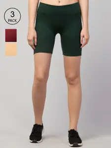 Apraa & Parma Women Green & Maroon Set Of 3 Slim Fit Cycling Sports Shorts