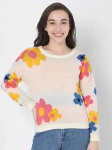 Vero Moda Women Beige Floral Knitted Design Pullover
