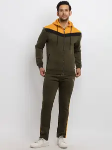Status Quo Men Olive Green & Mustard Yellow Solid Cotton Hooded Tracksuit