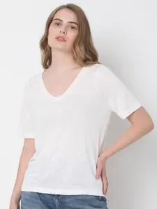 Vero Moda Women White Solid V-Neck T-shirt