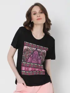 Vero Moda Women Black & Pink Printed T-shirt
