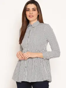 Ruhaans Women White & Black Striped Shirt Style Longline Top