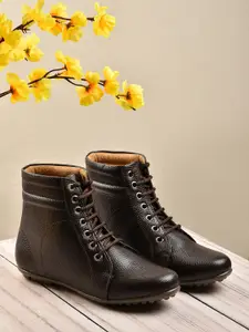 VALIOSAA Women Brown Textured Synthetic Regular Boots