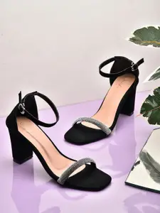 VALIOSAA Black Embellished Suede Party Block Sandals with Buckles