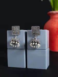 Golden Peacock Silver-Toned & White Dome Shaped Jhumkas Earrings