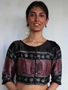 Chidiyaa Black & Brown Block-Printed Saree Blouse