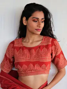 Chidiyaa Women Red Printed Cotton Saree Blouse