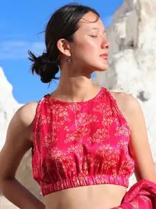 Chidiyaa Pink Blockprinted Silk Saree Blouse