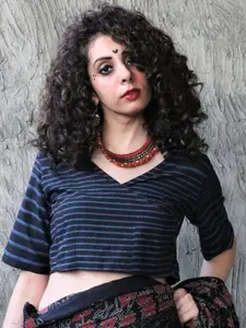 Chidiyaa Women Black Strip Block Print Crop Top Blouse