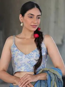 Chidiyaa Women Blue & Cream Printed Silk Saree Blouse