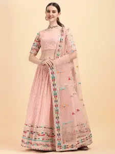Amrutam Fab Peach-Coloured & Gold-Toned Embroidered Patchwork Semi-Stitched Lehenga & Unstitched Blouse With
