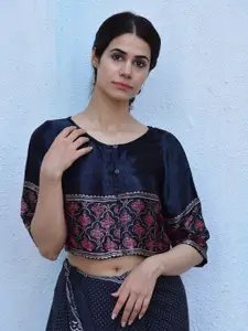 Chidiyaa Women Black Block Print Silk Readymade Saree Blouse