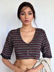 Chidiyaa Women Black Handprinted Cotton Saree Blouse