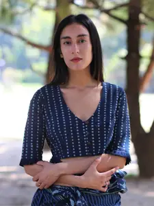 Chidiyaa Blue Block-Printed Frills Cotton Saree Blouse