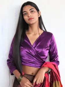 Chidiyaa Women Purple Wrap Crop Top-Type Silk Saree Blouse