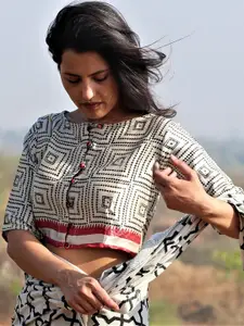 Chidiyaa Women White & Black Checked Saree Blouse