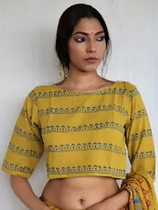 Chidiyaa Women Mustard Yellow & Blue Cotton Saree Blouse