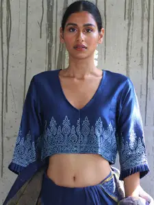 Chidiyaa Blue Block Printed Saree Blouse