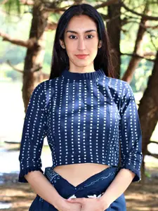 Chidiyaa Women Blue & White Printed Cotton Saree Blouse