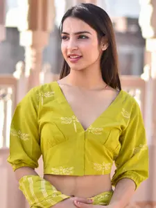 Chidiyaa Women Green & White Printed Pure Cotton Saree Blouse